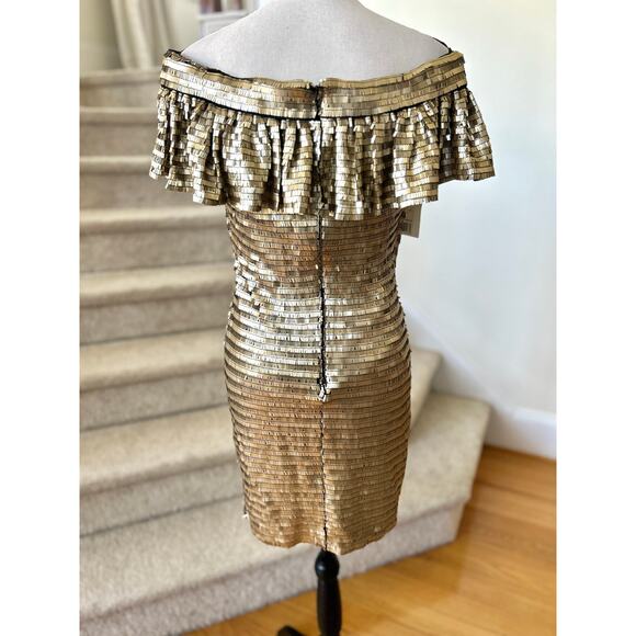 NWT SHO Tadashi Shoji Liquid Gold Sequin Off the Shoulder Mini Dress - Picture 3 of 12